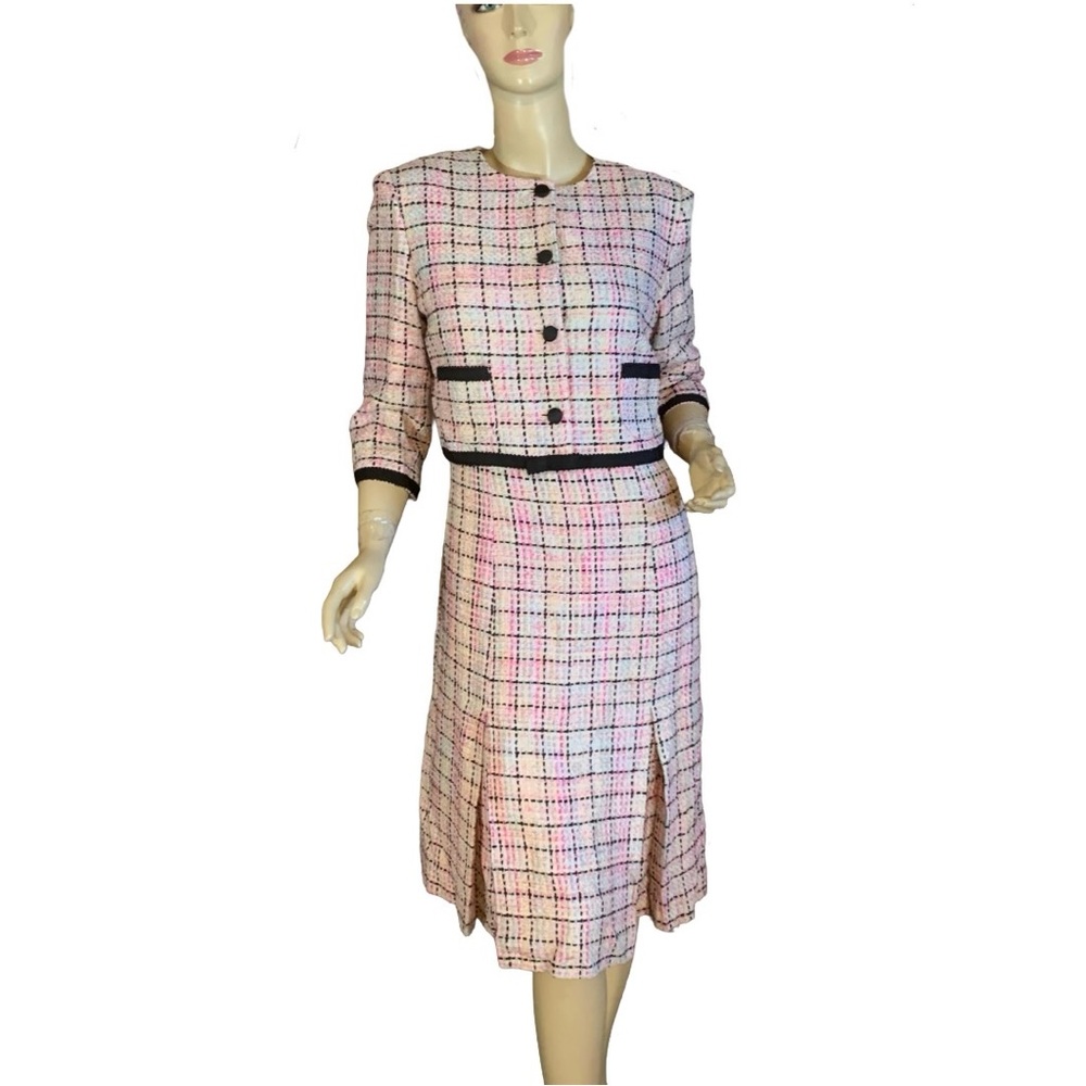 TALBOTS PINK & BLACK SILK BLEND PASTEL TWEED DRESS & BLAZER SUIT SET (8) - Picture 2 of 13